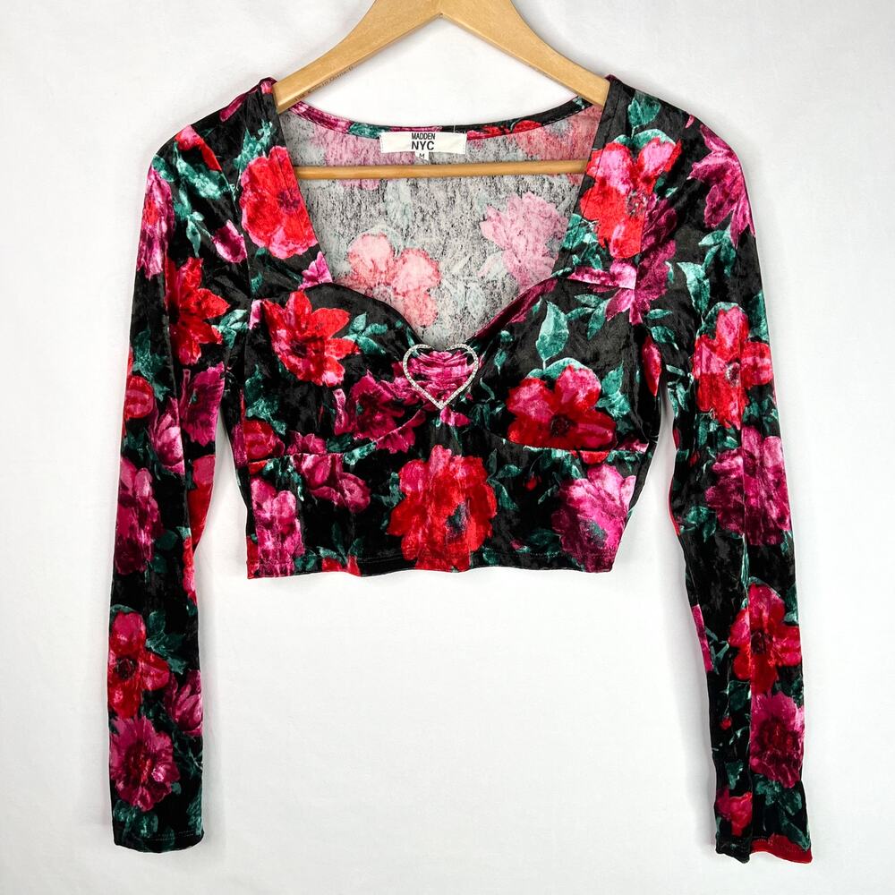 Madden NYC Floral Velvet Heart Crop Top Medium